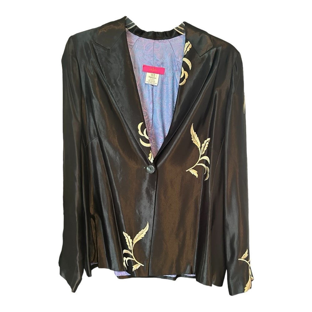 Whistles Women's Embroidered Floral Satin Blazer Sz 10 Black Red Statement